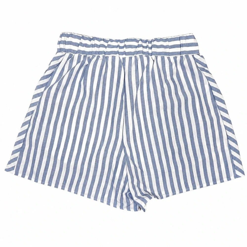 Kathy Ireland | Blue White Striped Shorts | Linen Blend | Elastic Waist
